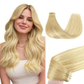 GOO GOO Tape in Hair Extensions Human Hair, 18AT60A Pearl Ash Blonde Highlights, 16inch 50g 20pcs, Skin Weft Seamless Invisible, Silky Straight with Thick Ends, Remy Human Hair