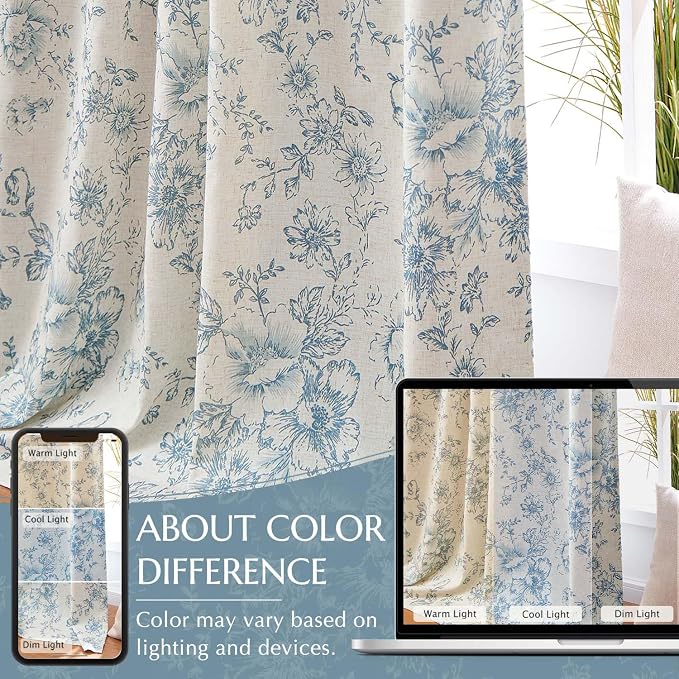 jinchan Blue Floral Linen Blackout Curtains Lined 90 Inch Back Tab 2 Panels | - Image 6