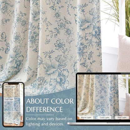 jinchan Blue Floral Linen Blackout Curtains Lined 90 Inch Back Tab 2 Panels | - Image 6