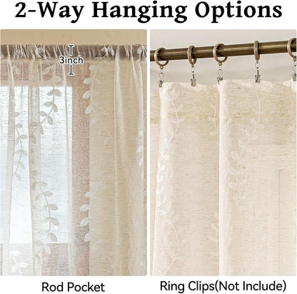 2 Panels Linen Leaf String Floral Embroidered Semi Sheer Curtain Farmhouse - Image 5