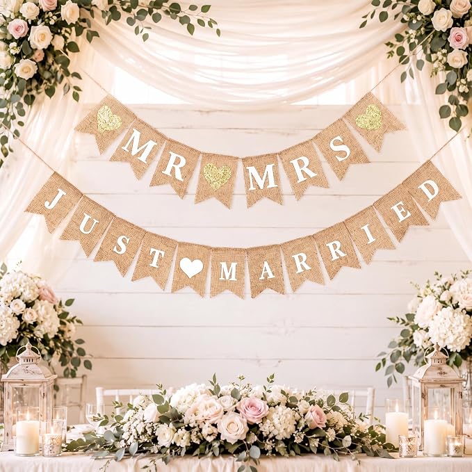Blulu 2 Pcs Just Married Banner Burlap Wedding Mr and Mrs, Vintage Pre by Blulu