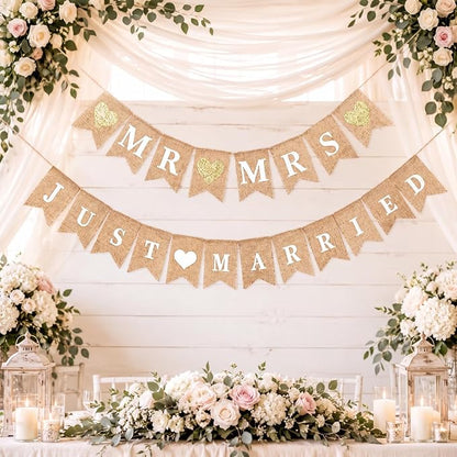 Blulu 2 Pcs Just Married Banner Burlap Wedding Mr and Mrs, Vintage Pre by Blulu