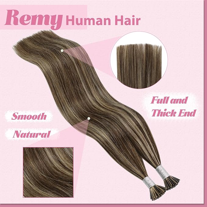 YoungSee I Tips Hair Extensions Brown Itip Hair Extensions Real Human Hair Highlight Dark Brown with Blonde Itip Hair Extension for Everyday Use 18 Inch 50g 60s