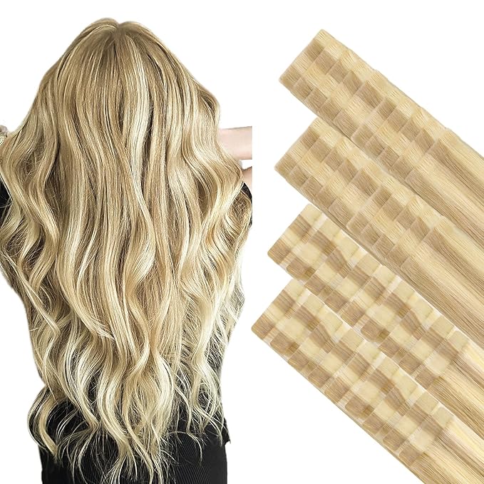 GOO GOO Invisi Edge Tape in Hair Extensions Human Hair, 18D/22F Dirty Blonde Highlights 20pcs injected with 20pcs classical tape ins, 22inch 100g, Virgin Remy Hair, Natural Look