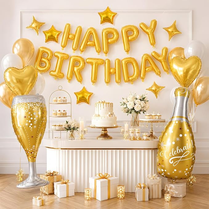 Gold Happy Birthday Balloons Banner, Star Heart Balloons, Champagne Bottle - Image 7