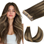 GOO GOO Tape in Hair Extensions Human Hair, 4/27/4 Balayage Chocolate Brown to Caramel Blonde, 22inch 100g 40pcs, Skin Weft Seamless Invisible, Silky Straight with Thick Ends, Remy Human Hair