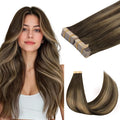 GOO GOO Tape in Hair Extensions Human Hair, 4/27/4 Balayage Chocolate Brown to Caramel Blonde, 18inch 100g 40pcs, Skin Weft Seamless Invisible, Silky Straight with Thick Ends, Remy Human Hair
