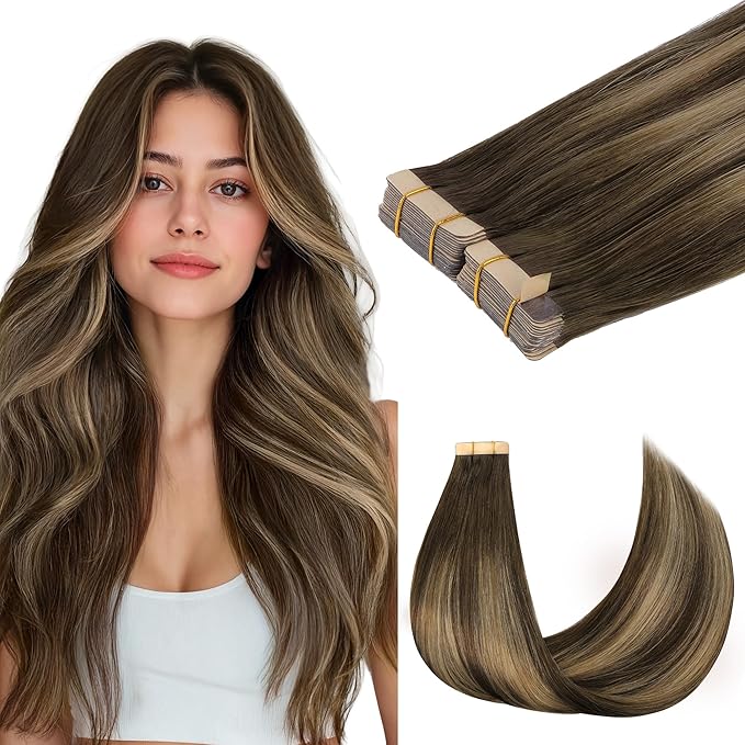 GOO GOO Tape in Hair Extensions Human Hair, 4/27/4 Balayage Chocolate Brown to Caramel Blonde, 12inch 80g 40pcs, Skin Weft Seamless Invisible, Silky Straight with Thick Ends, Remy Human Hair