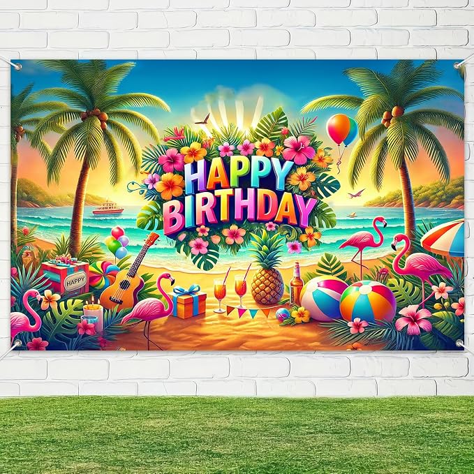 BlissYard Beach Hibiscus Polyester Birthday Banner 71x43 Inch Decor | Polyester - Image 4
