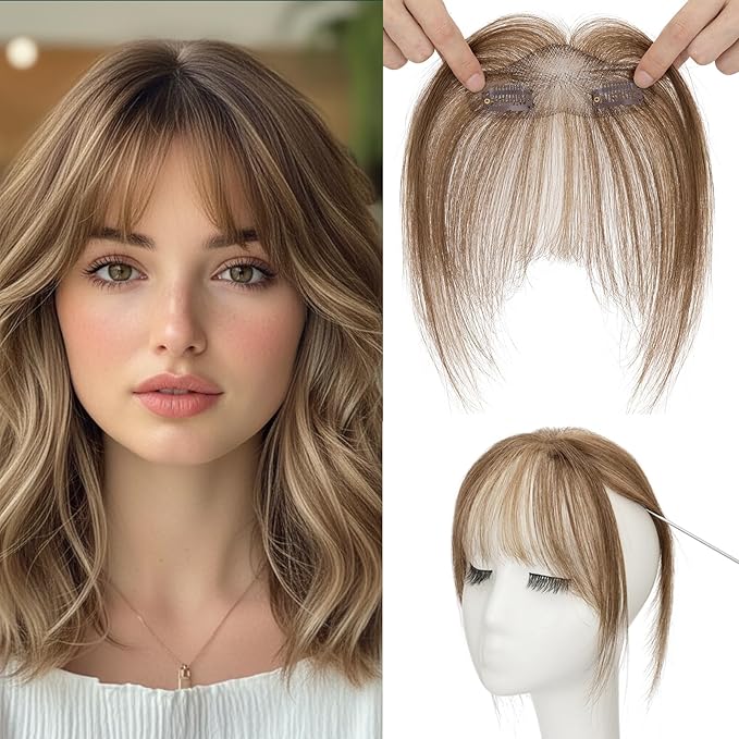 Benehair Clip on Bangs Human Hair, Front Hair Extensions for Women Hair Pieces with Temples for Daily Wear (Medium Brown highlights dark blonde)