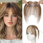 Benehair Clip on Bangs Human Hair, Front Hair Extensions for Women Hair Pieces with Temples for Daily Wear (Medium Brown highlights dark blonde)