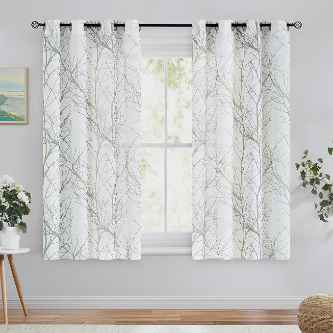 FMFUNCTEX Linen Sage Green White Semi Sheer Print Curtains 54 Inch 2 Panels | - Image 2