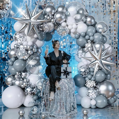 White Silver Balloons Garland Arch Kit, Confetti Silver Explosion Star 4D Foil - Image 8