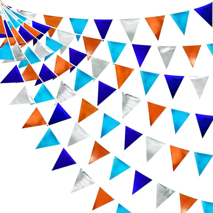 Orange Blue Silver Party Decorations Metallic Fabric Triangle Pennant Banner by pinkblume