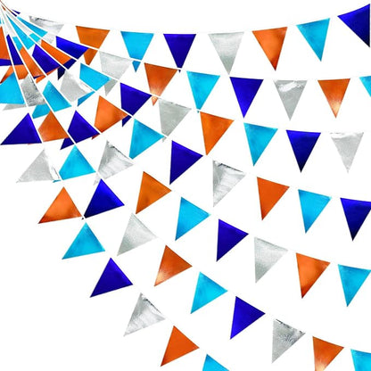 Orange Blue Silver Party Decorations Metallic Fabric Triangle Pennant Banner by pinkblume