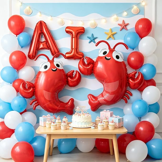 4Pcs Red Lobster & AI Letter Foil Balloons Set, Cartoon Seafood Balloons - Image 4