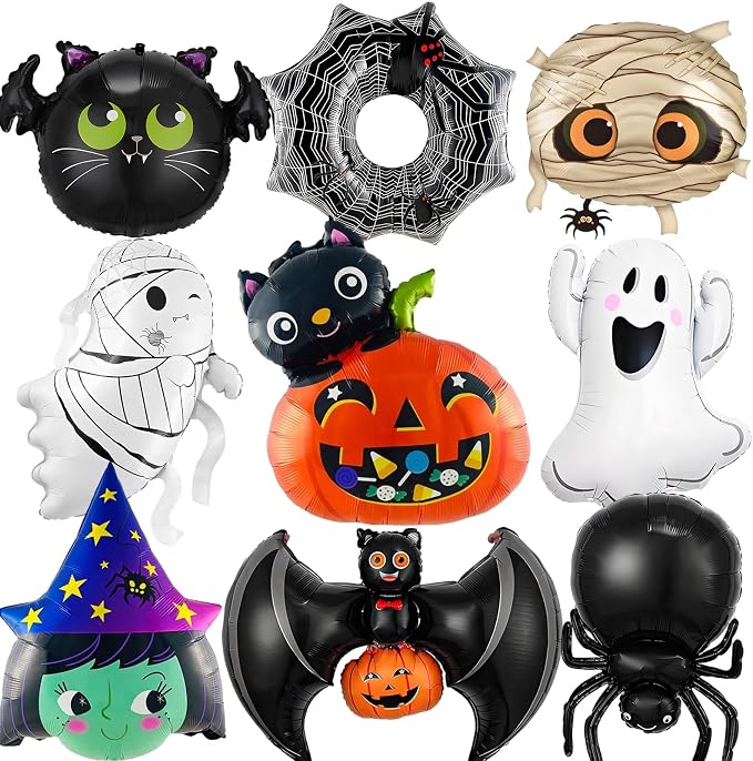 9Pcs Halloween Balloons Decoration Set, Foil Ghost, Spider Web, Pumpkin & Bat by Unknown