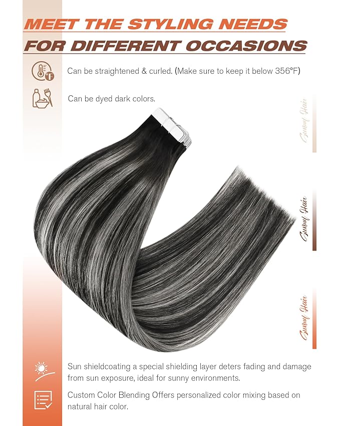 Sunny Hair Tape in Hair Extensions Human Hair Black Balayage Silver Hair Extensions Real Human Hair Tape ins 24 inch Tape in Extensions 20Pcs 50G