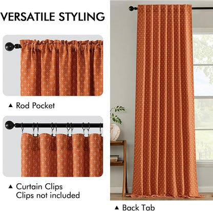 MIULEE Patterned Farmhouse Linen Curtains, Back Tab, Burnt Orange | Linen - Image 3