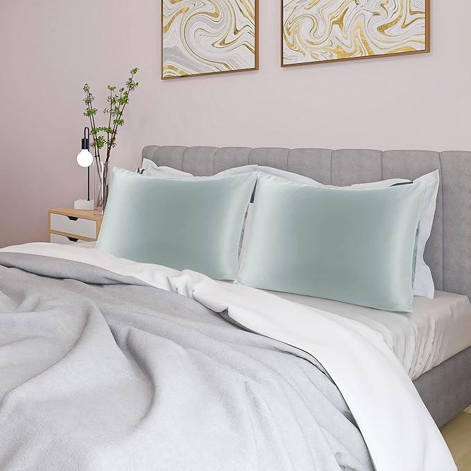 uxcell 2 Pack Silk Satin Pillowcase for Hair and Skin, Cool, Silky, Soft Breathable Pillow Cases Standard Size 20x26 Inch Sateen Pillowcase Light Gray with Envelope Closure