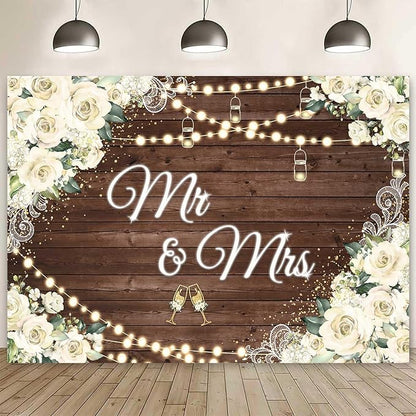 8x6ft Floral Mr and Mrs Engagement Decorations Backdrop White Flowers Wooden by Ayayiya