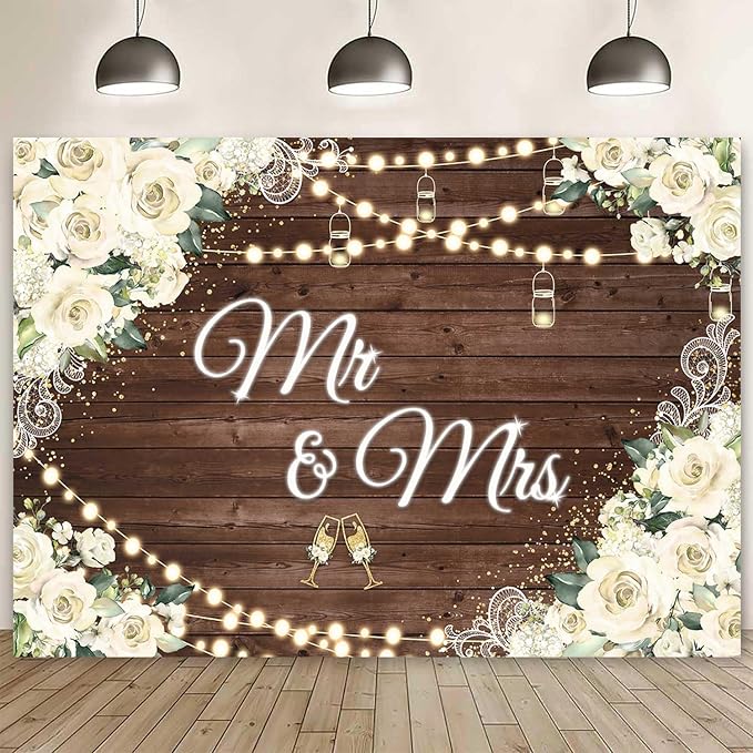7x5ft Floral Mr and Mrs Engagement Decorations Backdrop White Flowers Wooden by Ayayiya