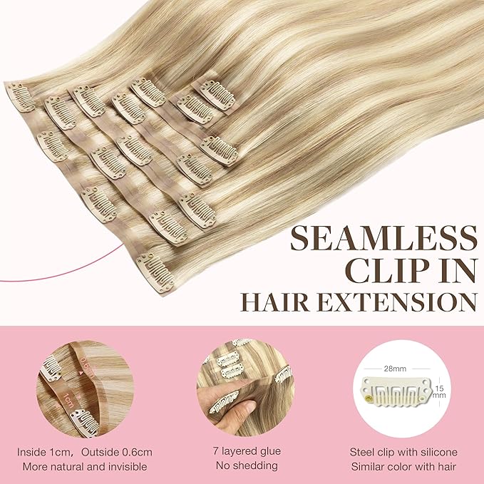 GOO GOO Clip in Hair Extensions Real Human Hair, Remy Human Hair Extensions Clip ins for Women, Natural Human Hair, 16inch 110g 7Pcs, 18A/613A Dark Blonde Highlighted Bleach Blonde