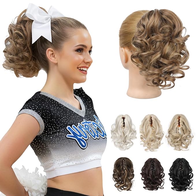 REECHO 9" Short Ponytail Extension, Classic Loose Curly Wavy Claw Clip Pony tails Hair Extensions HP001 Hairpieces for Women (Light Brown with Blonde Highlights)