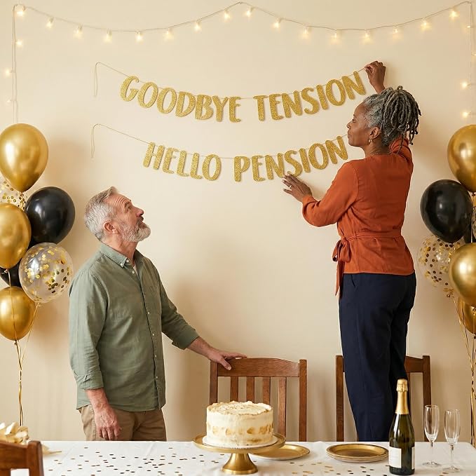 Pre-Strung Goodbye Tension Hello Pension Gold Glitter Banner - Image 7