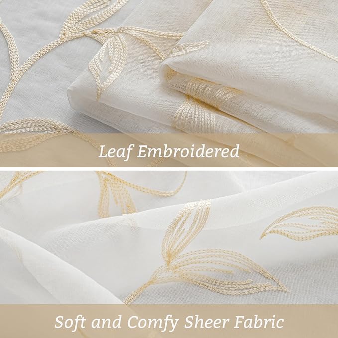 Sheer Kitchen Cafe Curtains Embroidered Leaf Pattern Beige 26x36 | Light - Image 4