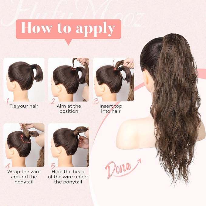 Flufymooz Ponytail Extension, Flexible Wrap Around Ponytail Extension Long Wavy Curly Hair Extensions Natural Synthetic Hairpiece for Women 32 Inch (Chocolate Reddish Brown)