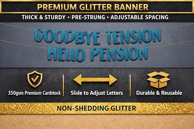 Pre-Strung Goodbye Tension Hello Pension Teal Glitter Banner - Image 3