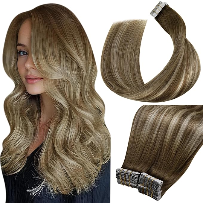 LaaVoo Hair Extensions Real Human Hair Tape in Balayage Brown to Blonde with Light Brown Tapes Hair Extension Human Hair 100g Tape in Extensions Silky Soft 20 Inch 40pcs