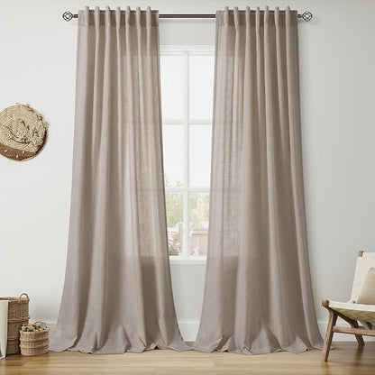 Ecru Linen Curtains for Living Room 98 Inches Long Light Filtering Semi Sheer by Nanspring