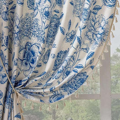 F-CHU Blue Floral Farmhouse Curtains Living Room Drapes 84 Inch Length Cotton by F-CHU
