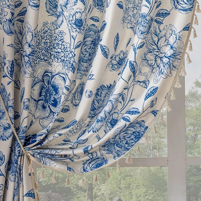 F-CHU Blue Curtains for Bohemian 90 Inch Length French Country Floral Drapes by F-CHU