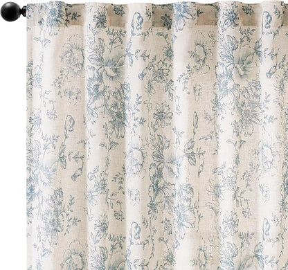 jinchan Blue Floral Linen Curtains 54 Inch Vintage Back Tab 2 Panels | Light - Image 8