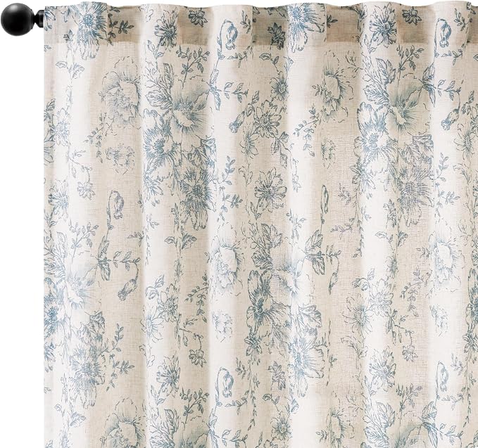 jinchan Blue Floral Linen Curtains 96 Inch Farmhouse Back Tab 2 Panels | Light - Image 8
