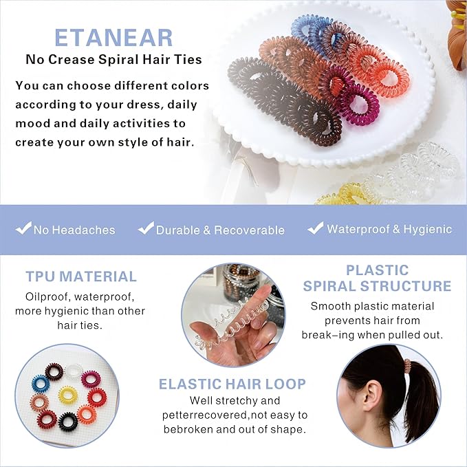 Spiral Hair Ties, 24-Pc No Crease Coil Hair Bands for Thick Hair, No Damage Phone Cord Hair Elastics Hair Scrunchies for Thin Hair, Multi-Color Ponytail Holders for Women Girls Kids