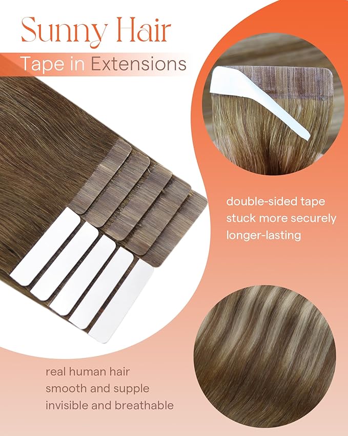 Sunny Hair Tape in Hair Extensions Real Human Hair Invisible Remy Hair Extensions Tape ins for Women Medium Brown Ombre PLatinum Blonde Balayage 18 inch 25G