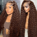 30 Inch Chocolate Brown Deep Wave Lace Front Wigs Human Hair Pre Plucked 200% Density 13x6 HD Lace Frontal Wigs with Baby Hair Deep Curly Wet and Wavy Glueless Wigs for Women (4# Brown, 30 Inch)