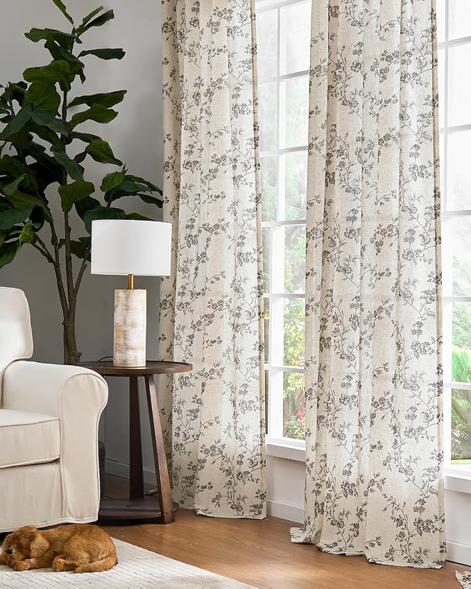 jinchan Black Floral Linen Curtains 96 Inch Farmhouse Back Tab 2 Panels | - Image 6