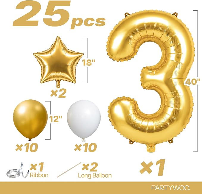 PartyWoo Number Balloons 40 Inch Gold Number 3 Kit 25pcs - Image 2