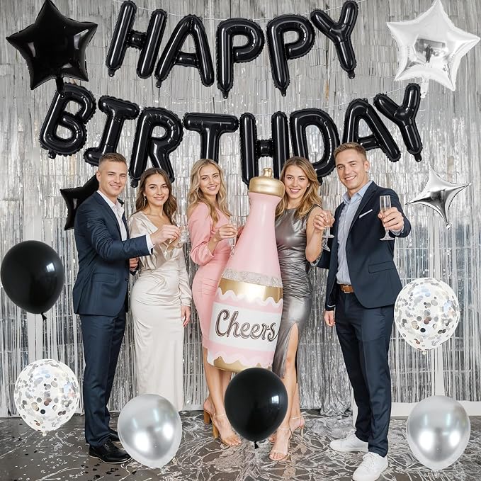 Happy Birthday Balloon Banner Black Silver, 16 Inch Mylar Foil Letter Balloons - Image 6