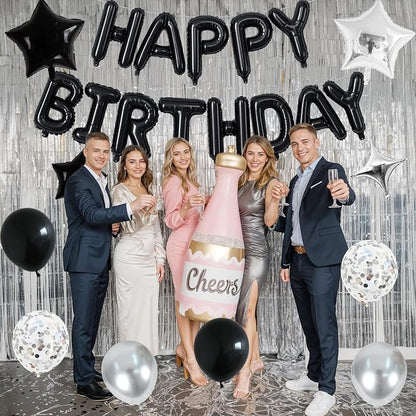 Happy Birthday Balloon Banner Black Silver, 16 Inch Mylar Foil Letter Balloons - Image 6