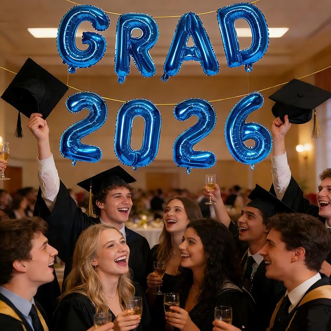 Blue GRAD 2026 Banner Balloons, 16 Inch Mylar Foil letter Graduation Balloons - Image 4