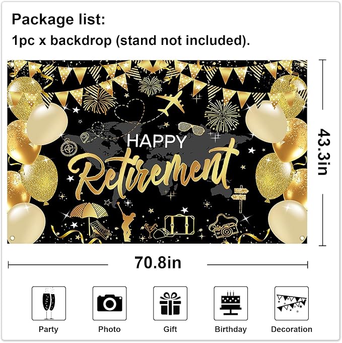 Mocsicka Retirement Party Decorations Black and Gold Happy Retirement Backdrop - Image 4