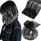 Moresoo Black And Grey Clip in Hair Extensions Ombre Natural Black to Silver Grey Hair Extensions Real Human Hair Clip ins Short Remy Straight 80g/5pcs 10 inch