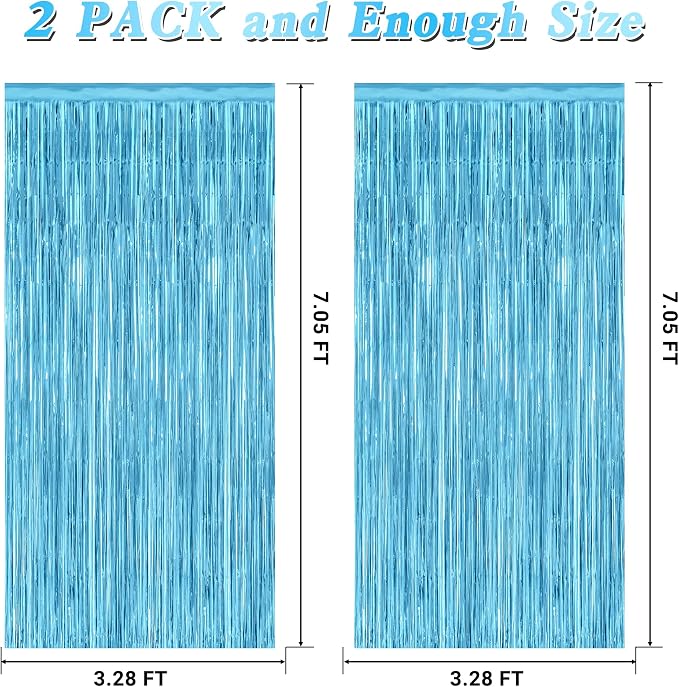 2 Pack Backdrop Curtains, 3.28 Feet x 7.05 Feet Sky Blue Foil Tinsel, Metallic - Image 2