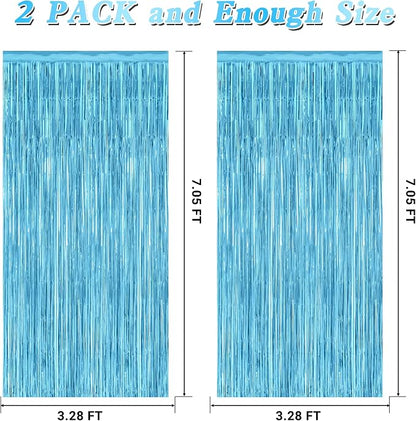 2 Pack Backdrop Curtains, 3.28 Feet x 7.05 Feet Sky Blue Foil Tinsel, Metallic - Image 2